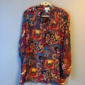 Vintage 90s Adrian Jordan multicolored long-sleeve button-up shirt. Silk. 26/28